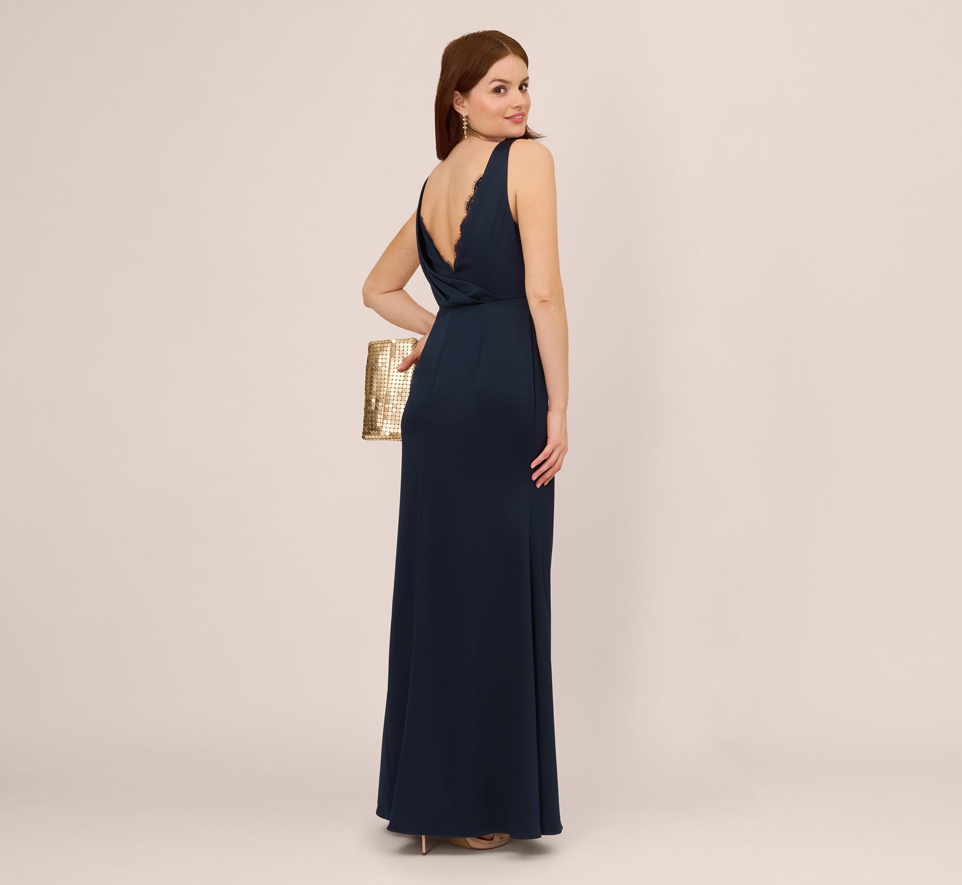 Satin Crepe Mermaid Gown With Lace Accent Cowl Back In Dark Navy