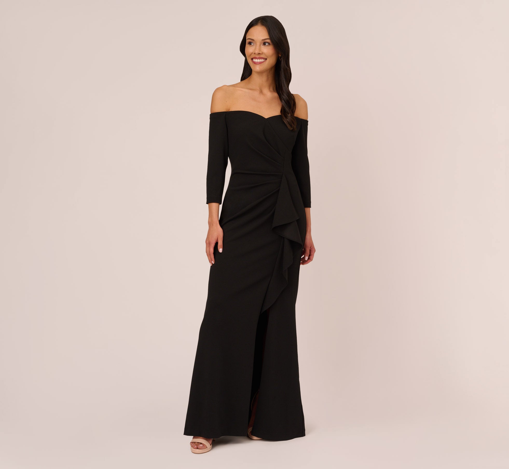 Off The Shoulder Cascading Ruffle Gown In Black Adrianna Papell