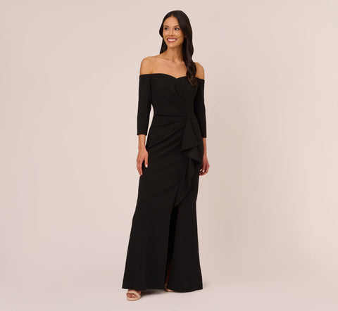 Off The Shoulder Cascading Ruffle Gown In Black