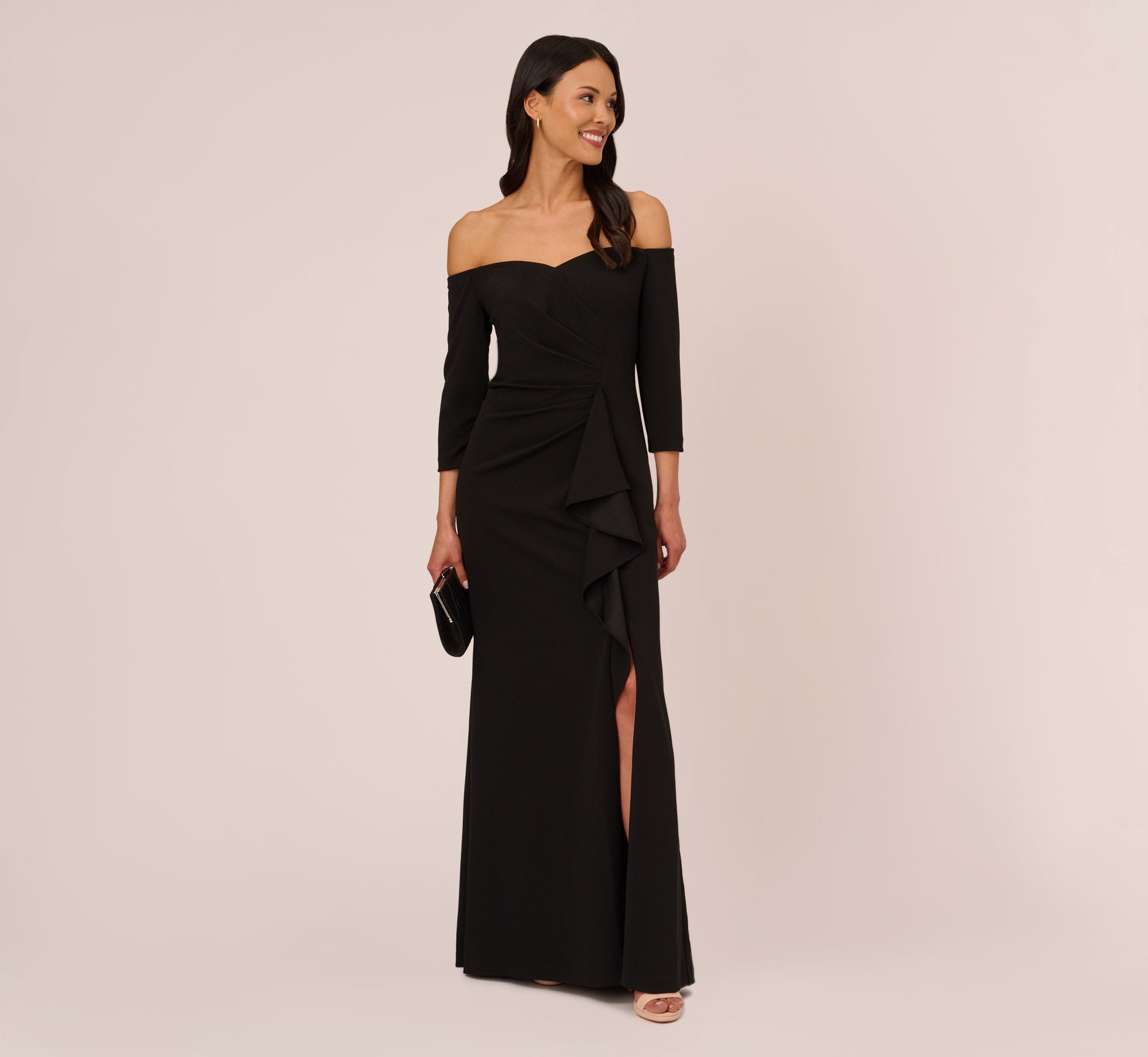 Off The Shoulder Cascading Ruffle Gown In Black Adrianna Papell