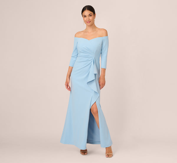 Off The Shoulder Cascading Ruffle Gown In Blue Mist Adrianna