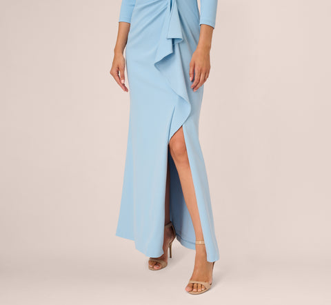 Off The Shoulder Cascading Ruffle Gown In Blue Mist