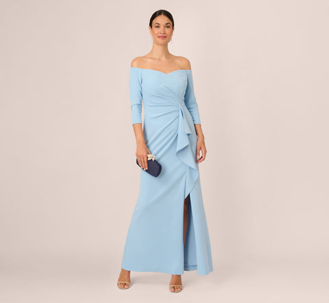 Off The Shoulder Cascading Ruffle Gown In Blue Mist