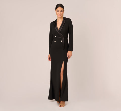 Long Sleeve Tuxedo Gown With Jeweled Buttons In Black Adrianna Papell