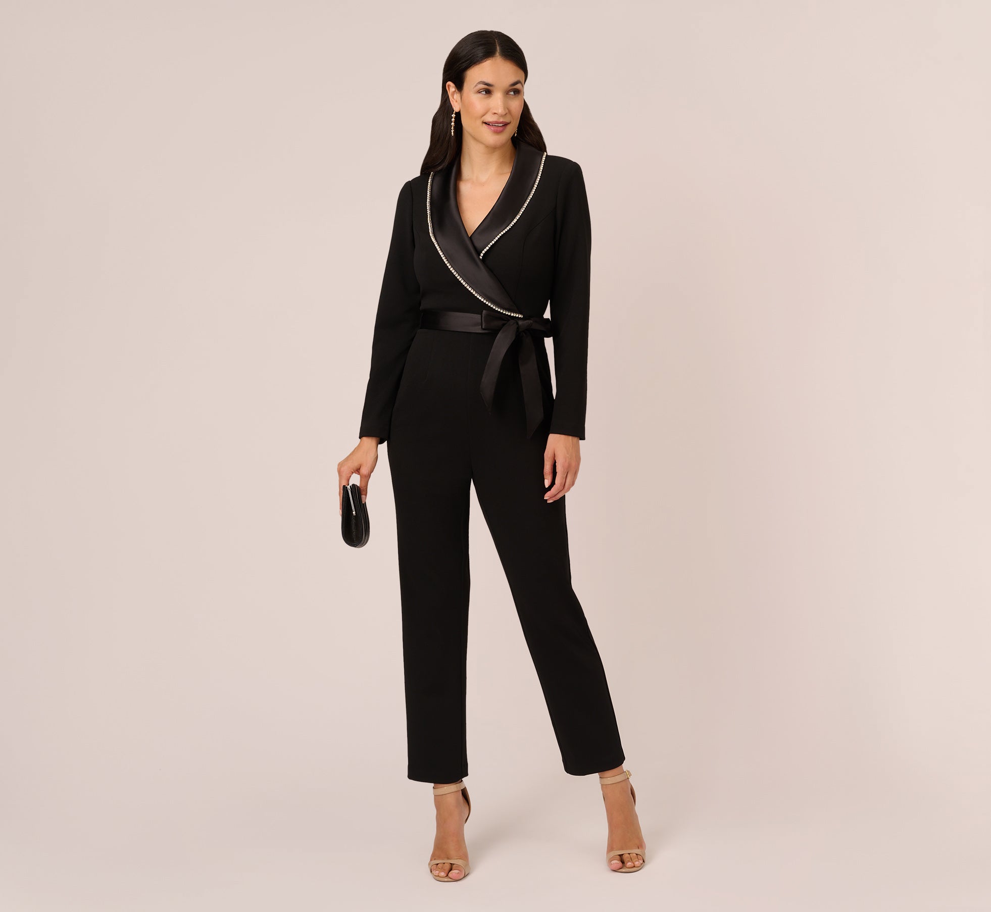 Long Sleeve Tuxedo Jumpsuit With Crystal Trim In Black | Adrianna