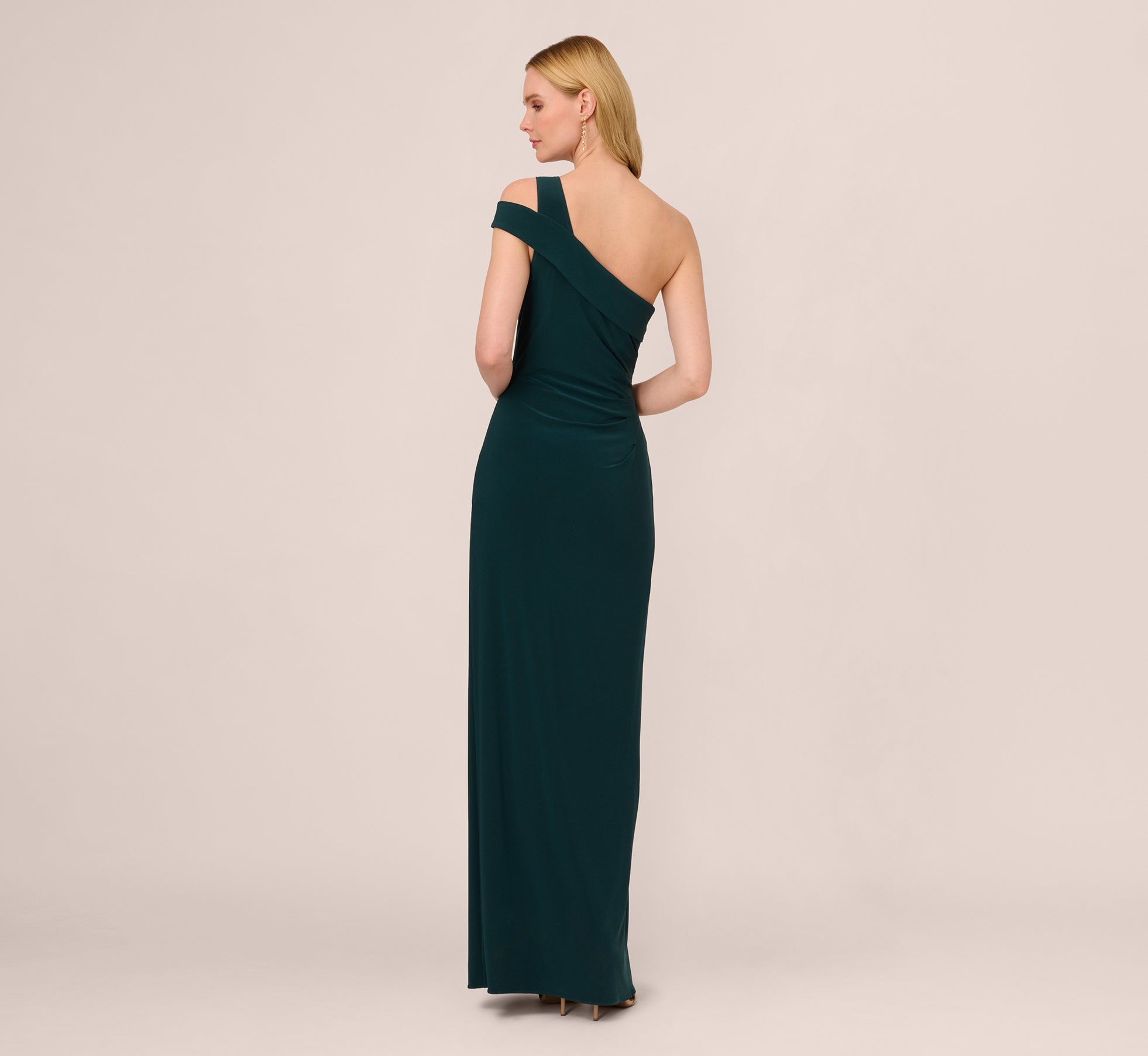 One Shoulder Column Gown With Cutout Shoulder In Hunter Adrianna