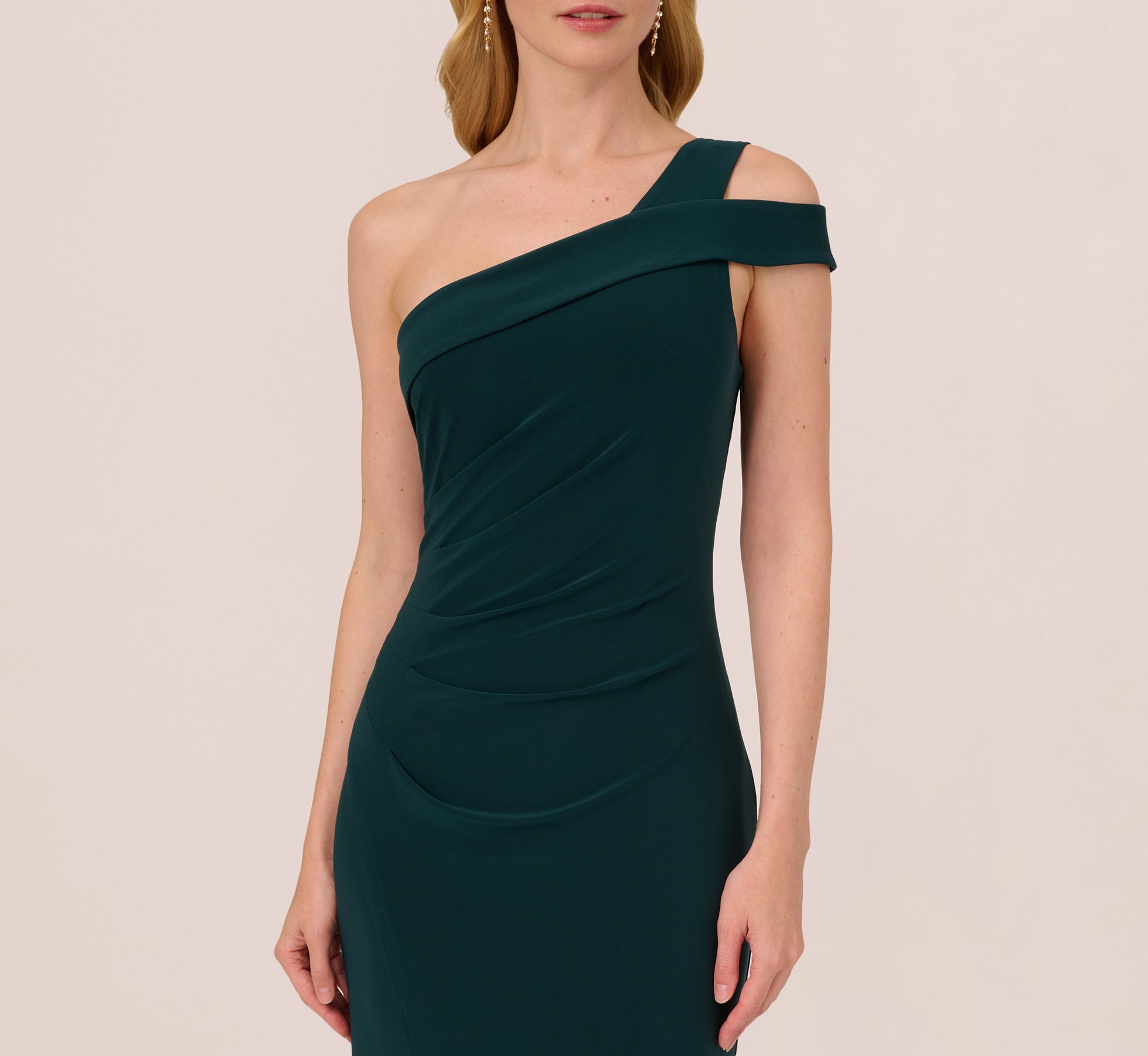 One Shoulder Column Gown With Cutout Shoulder In Hunter Adrianna