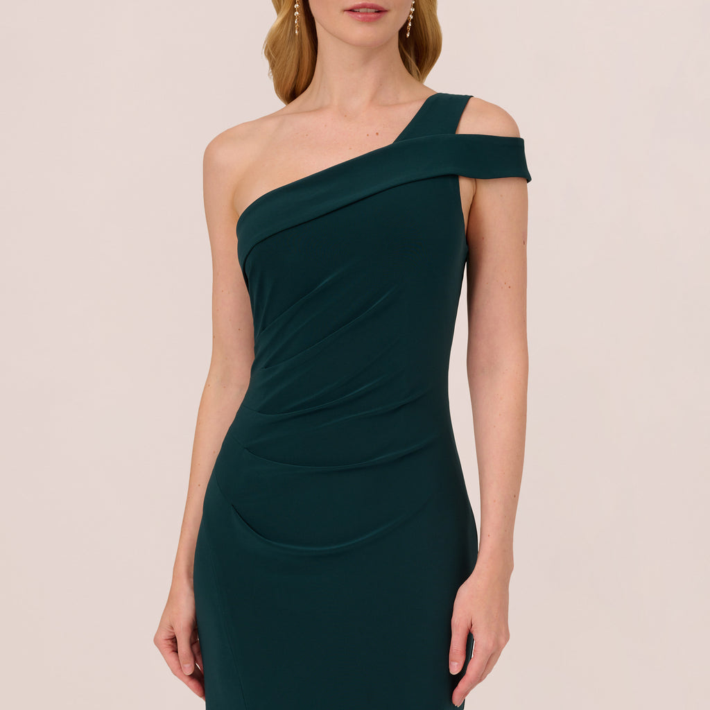 One Shoulder Column Gown With Cutout Shoulder In Hunter