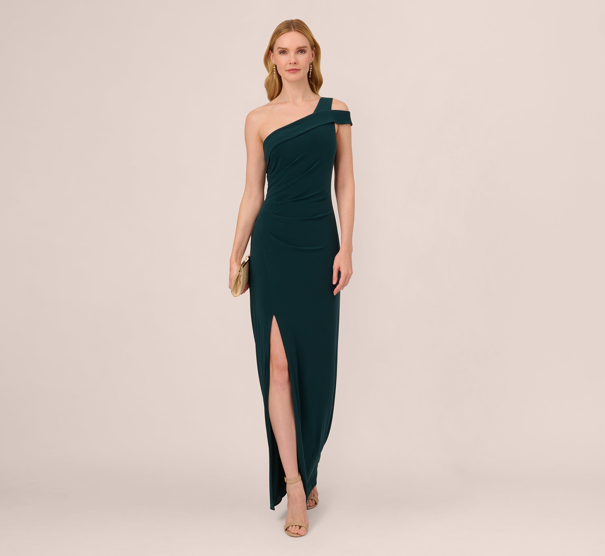 One Shoulder Column Gown With Cutout Shoulder In Hunter Adrianna