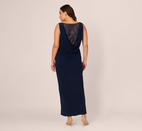 Plus Size Sleeveless Jersey Gown With Embellished Lace Cowl Back In Midnight