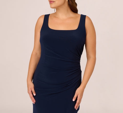Plus Size Sleeveless Jersey Gown With Embellished Lace Cowl Back In Midnight