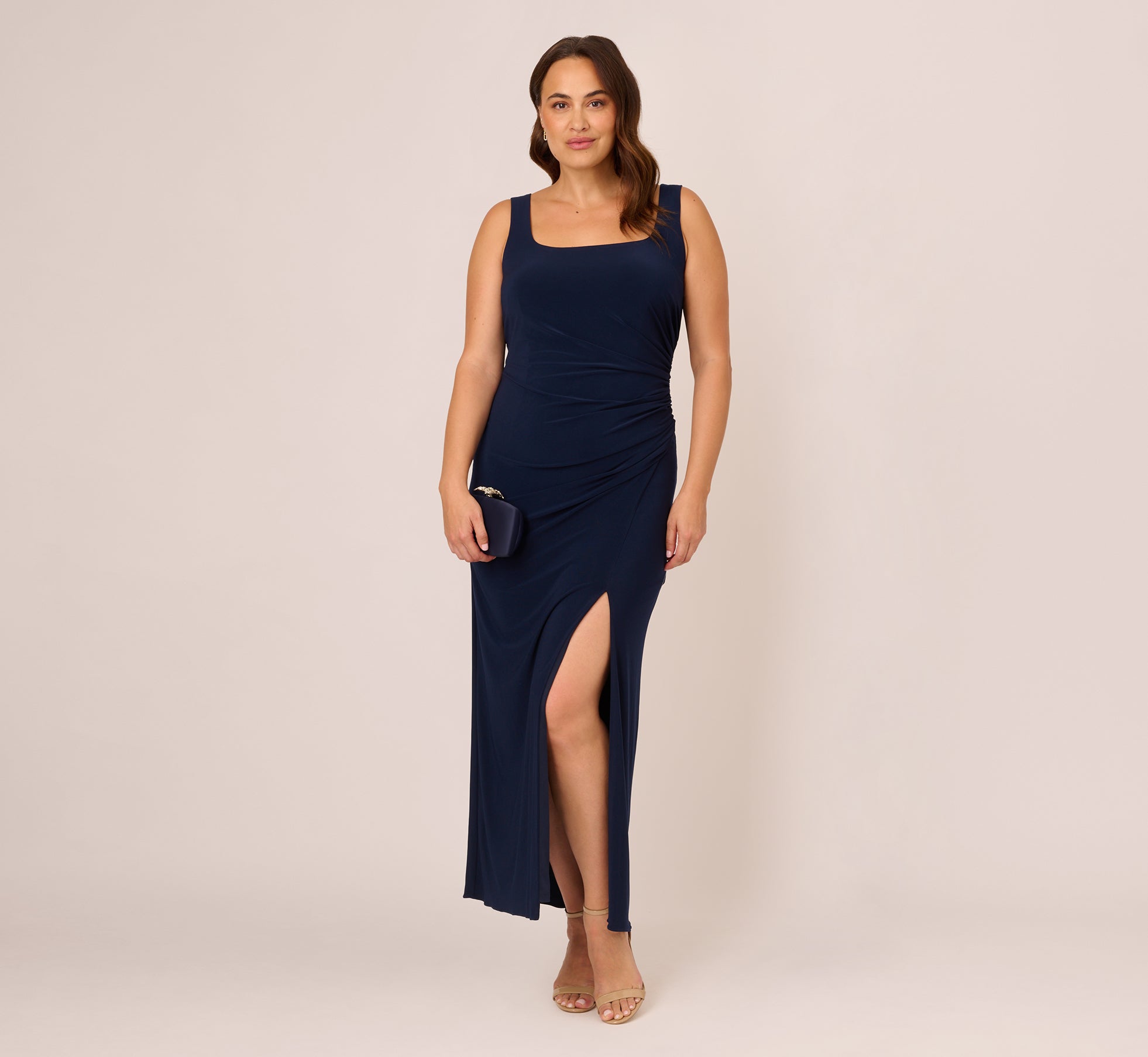 Plus Size Sleeveless Jersey Gown With Embellished Lace Cowl