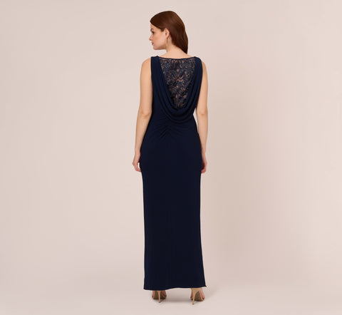 Sleeveless Jersey Gown With Embellished Lace Cowl Back In Midnight