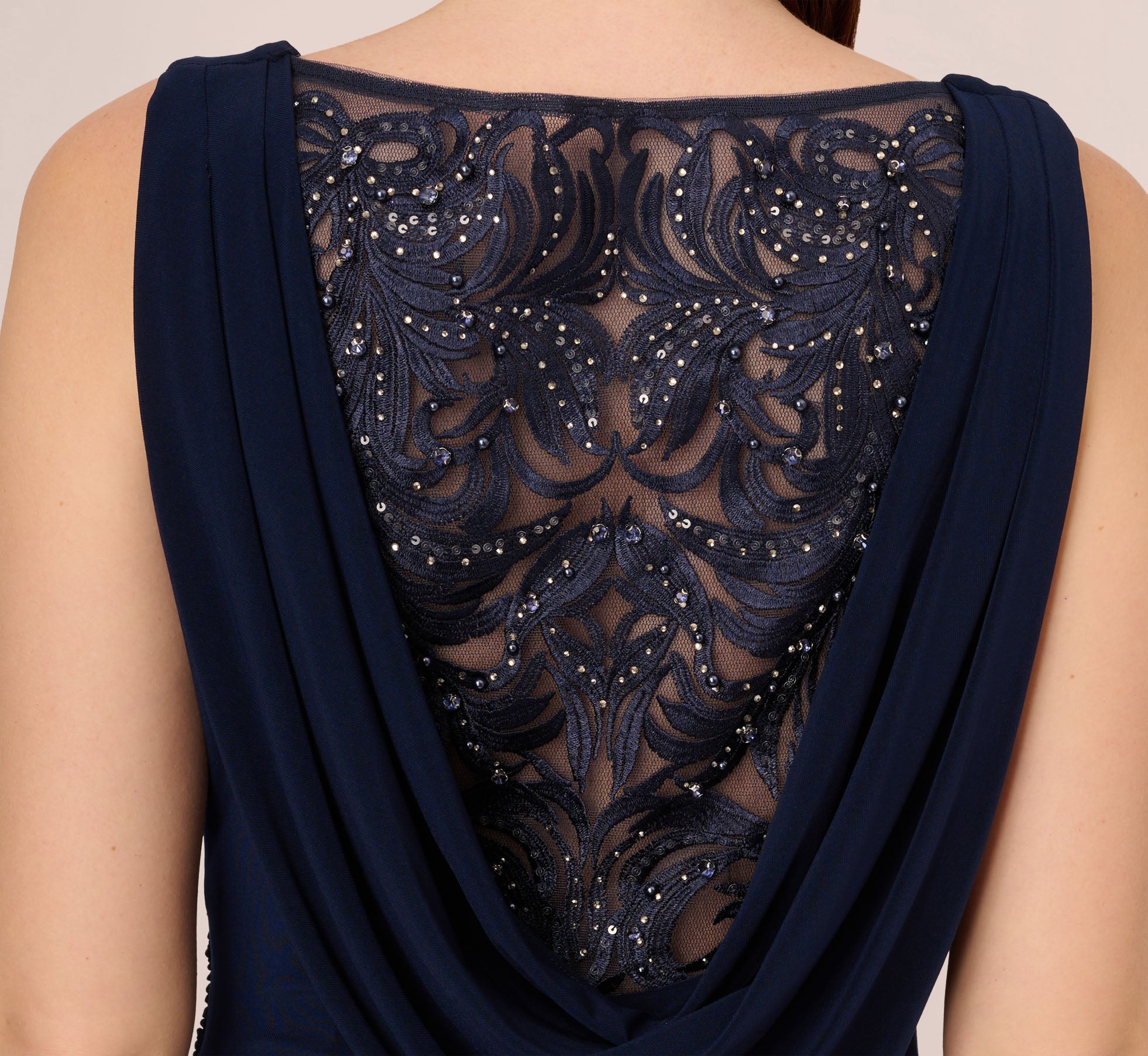 Sleeveless Jersey Gown With Embellished Lace Cowl Back In Midnight