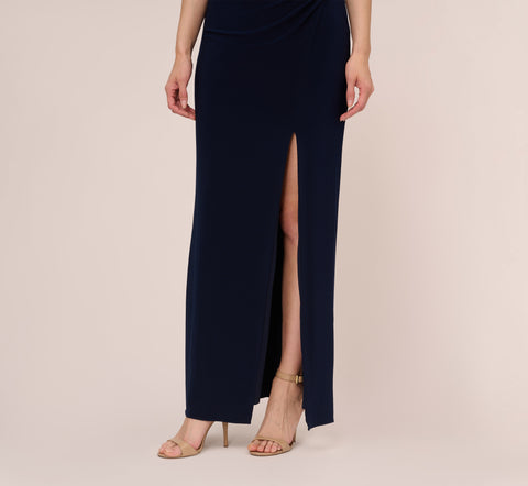 Sleeveless Jersey Gown With Embellished Lace Cowl Back In Midnight