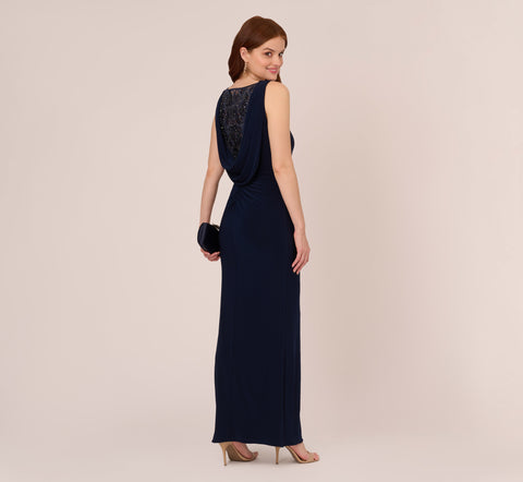 Sleeveless Jersey Gown With Embellished Lace Cowl Back In Midnight