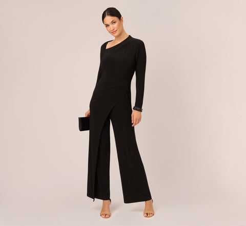 Embellished Jersey Jumpsuit With Asymmetric Neck In Black