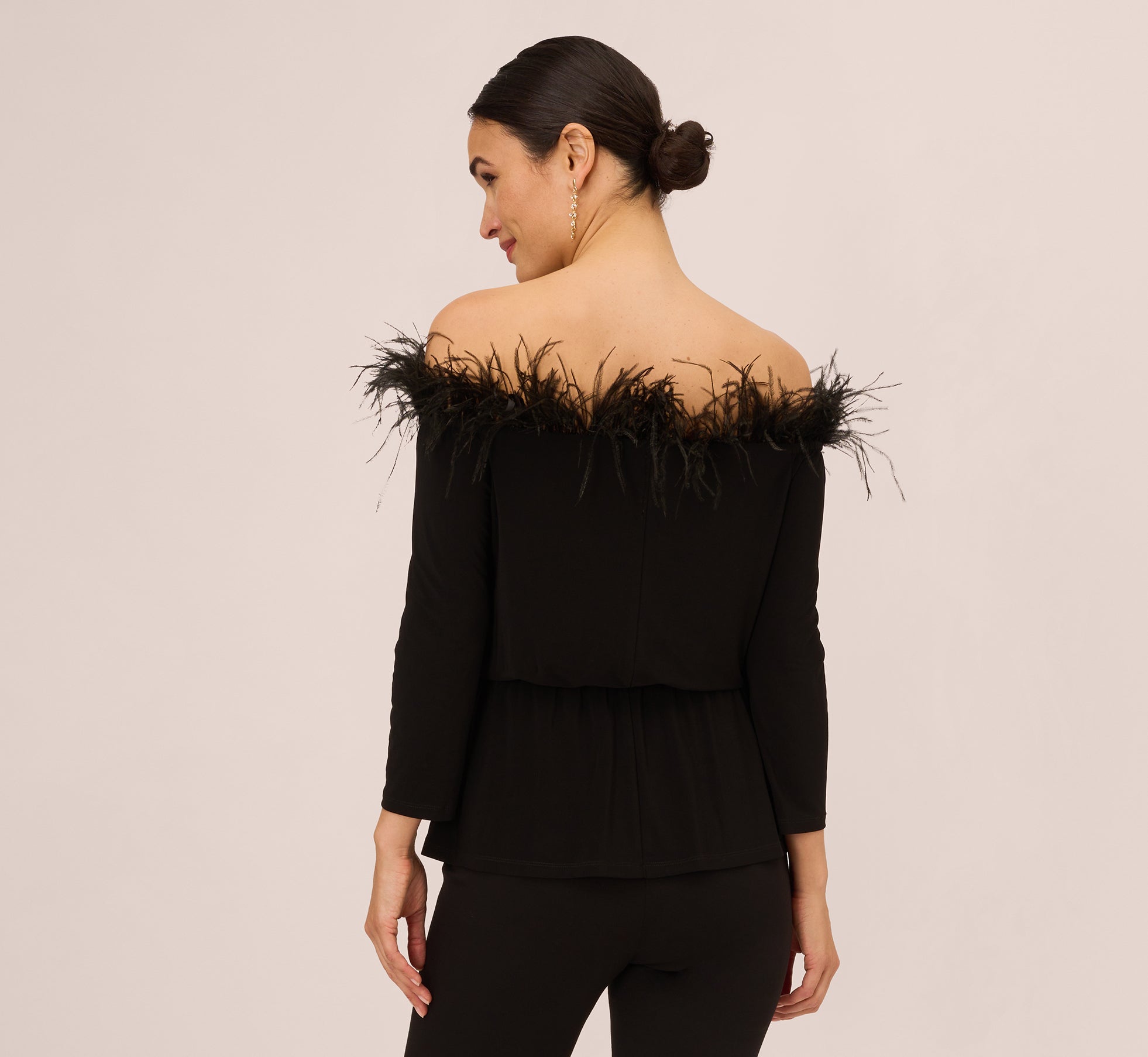 Off The Shoulder Three Quarter Sleeve Top With Feather Accents In