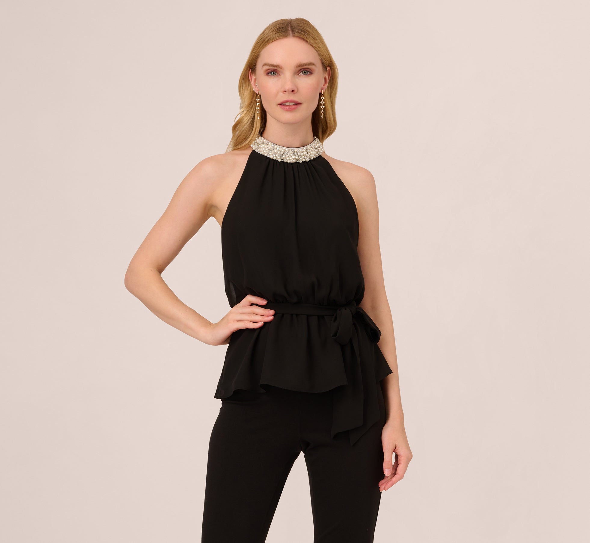 Chiffon Self Tie Halter Top With Pearl Mock Neck Collar In Black