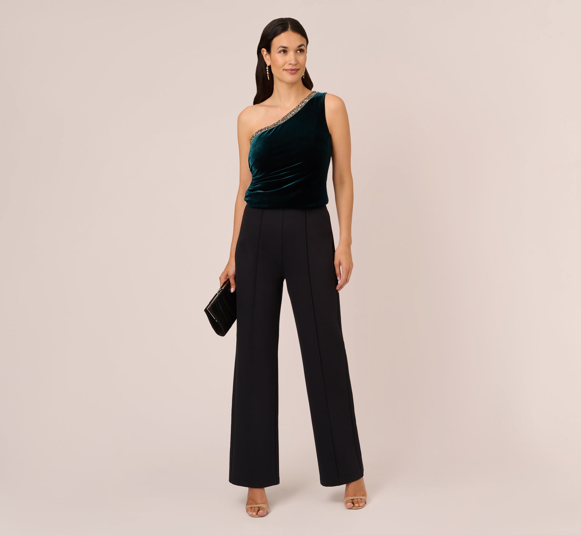 Velvet One Shoulder Top With Beaded Neck In Hunter Adrianna Papell