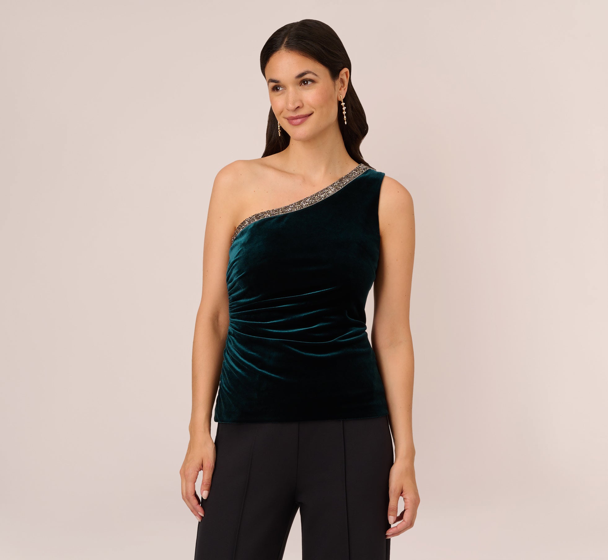 Velvet One Shoulder Top With Beaded Neck In Hunter Adrianna Papell