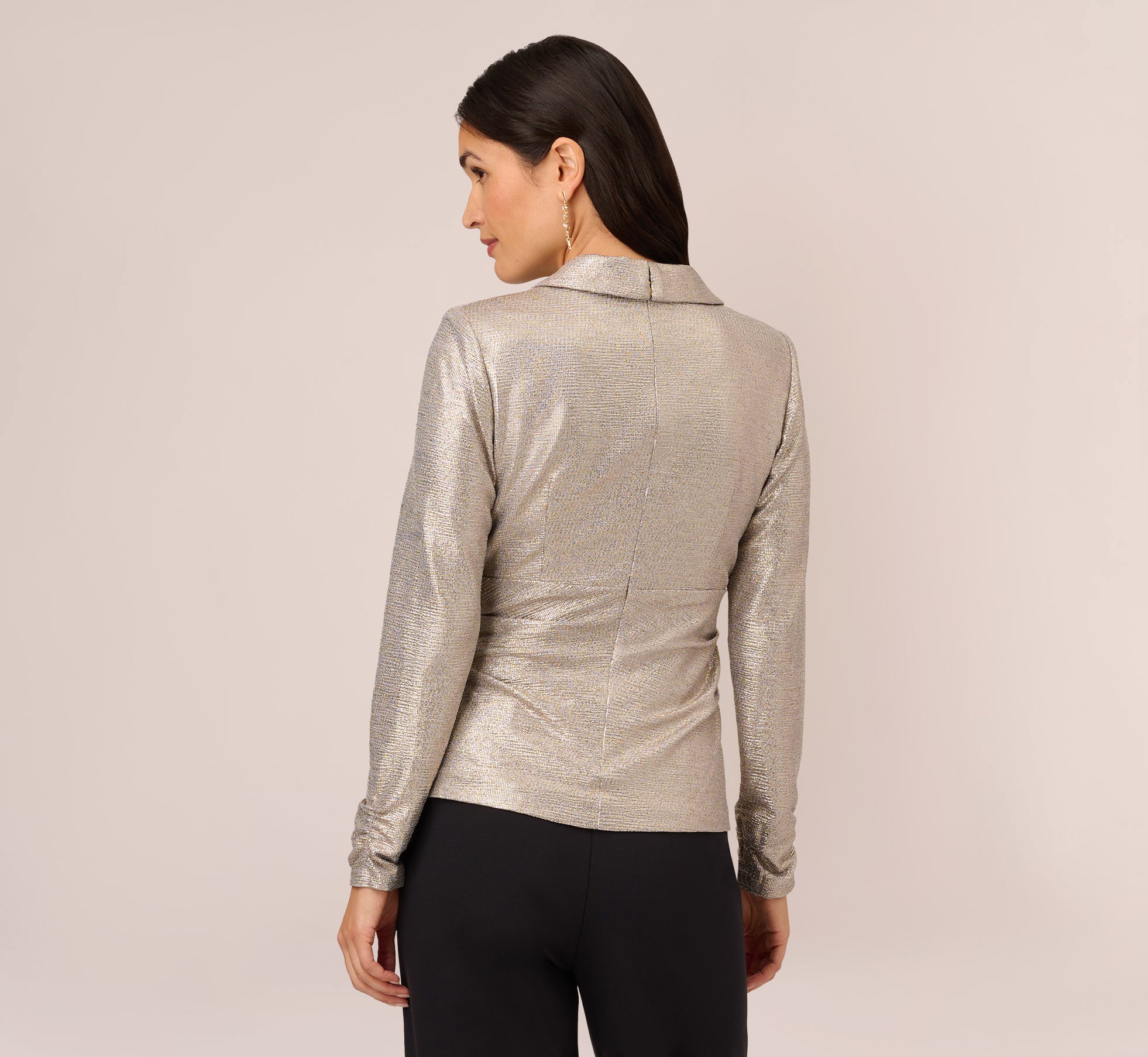 Metallic Foil Faux Wrap Top With Long Sleeves In Light Gold