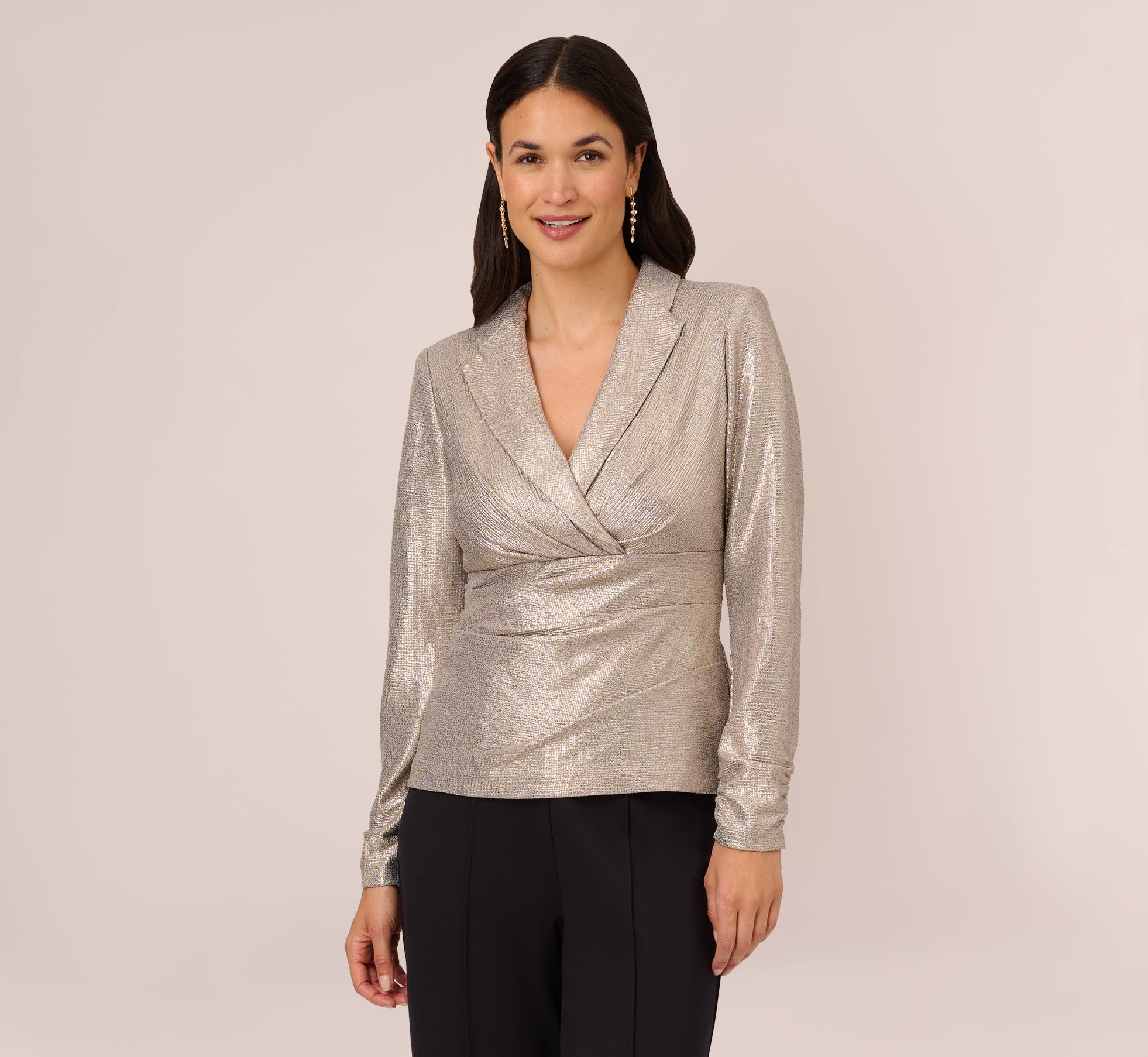 Metallic Foil Faux Wrap Top With Long Sleeves In Light Gold