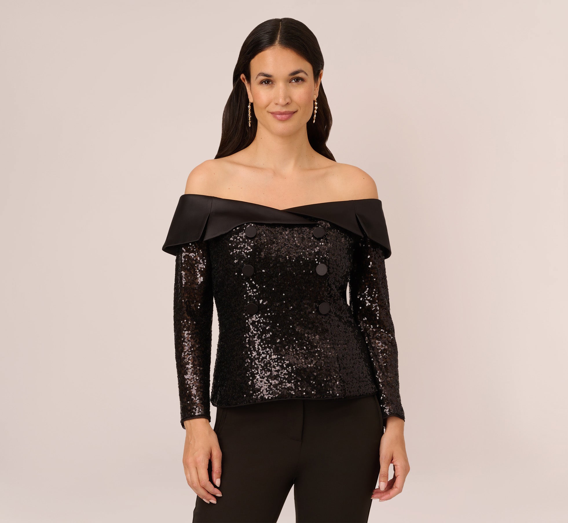 Off The Shoulder Sequin Tuxedo Top With Charmeuse Trim In Black