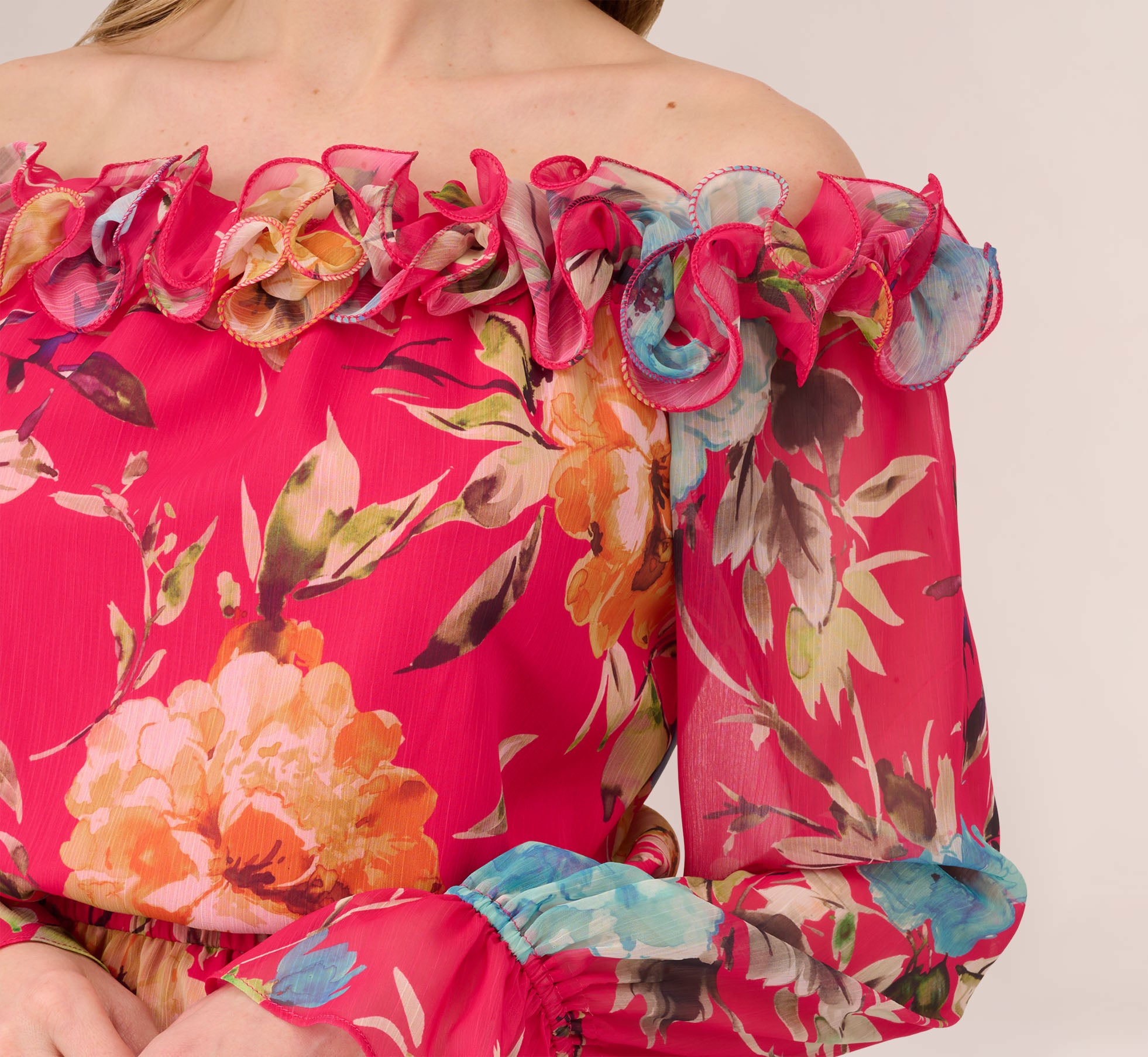 Rosette Print Off The Shoulder Top With Sheer Long Sleeves In Pink