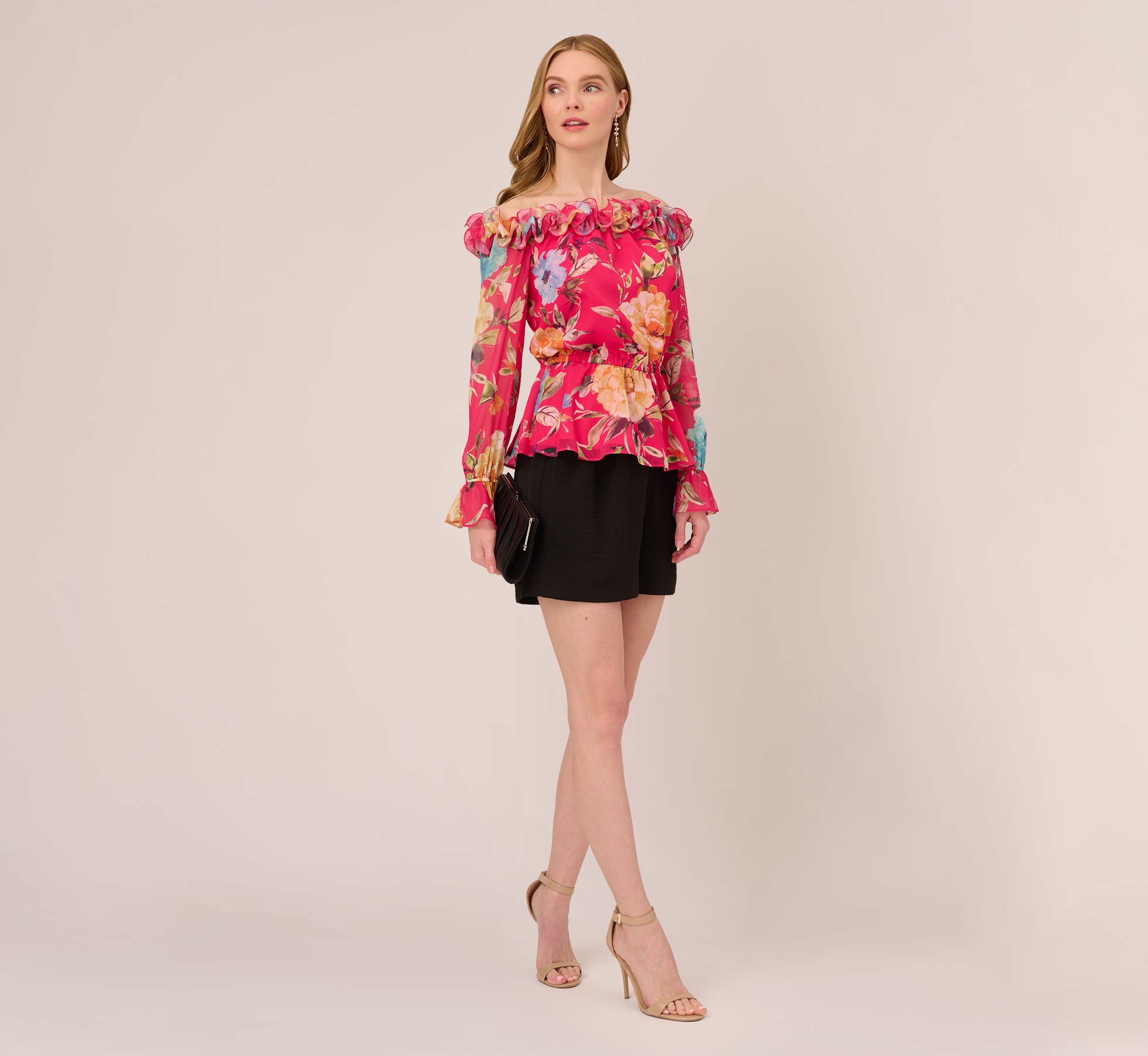 Rosette Print Off The Shoulder Top With Sheer Long Sleeves In Pink