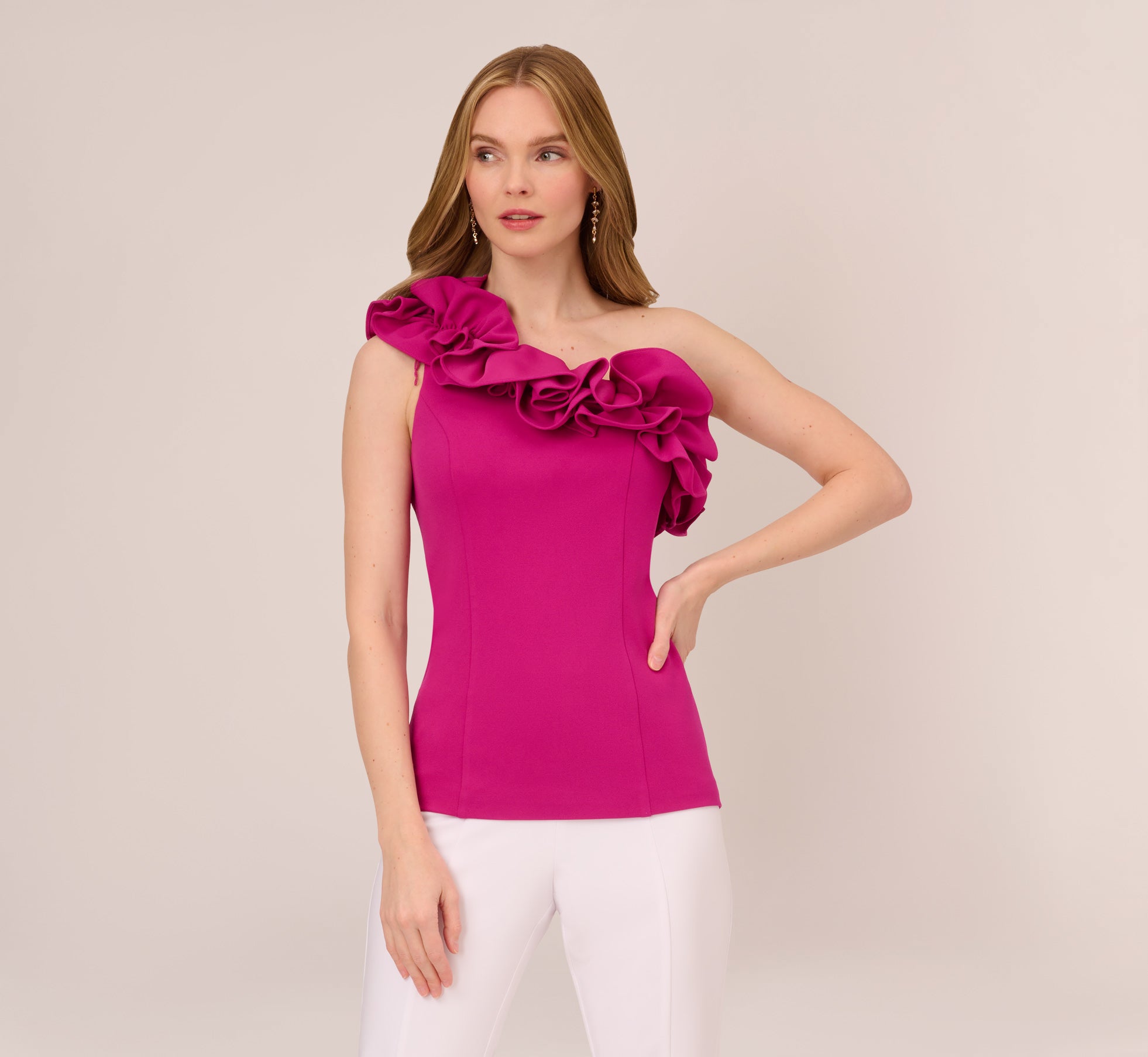 One Shoulder Crepe Top With Ruffled Details In Brilliant Fuchsia