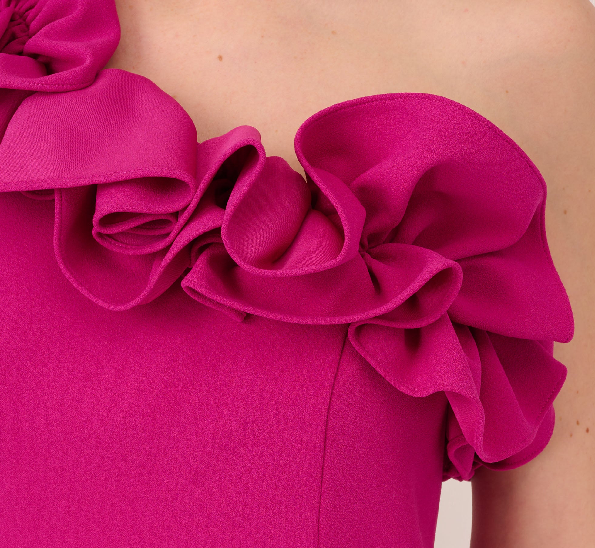 One Shoulder Crepe Top With Ruffled Details In Brilliant Fuchsia