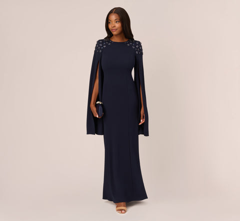 Crepe Mermaid Gown With Beaded Cape Sleeves In Midnight