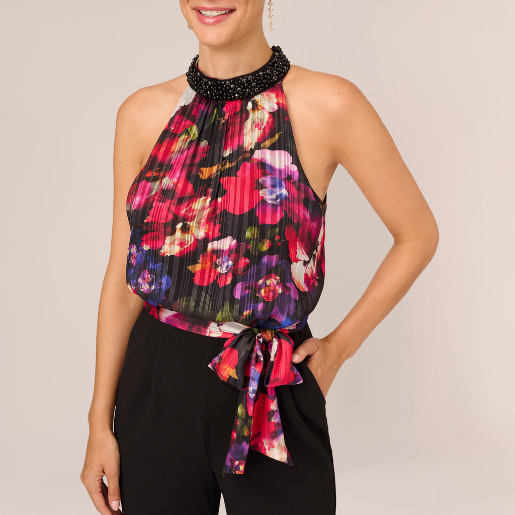 Halter Jumpsuit With Floral Print Bodice In Black Multi