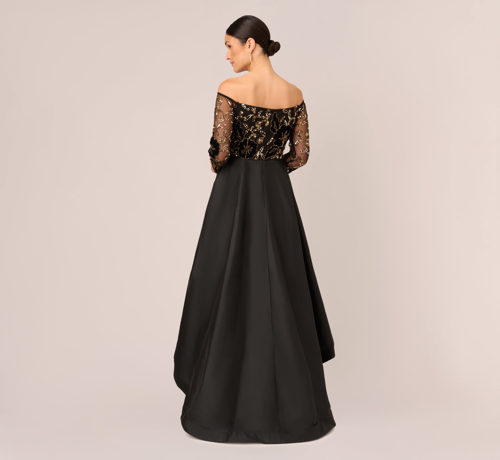 Beaded Taffeta Ball Gown With Three Quarter Sleeves In Black Gold