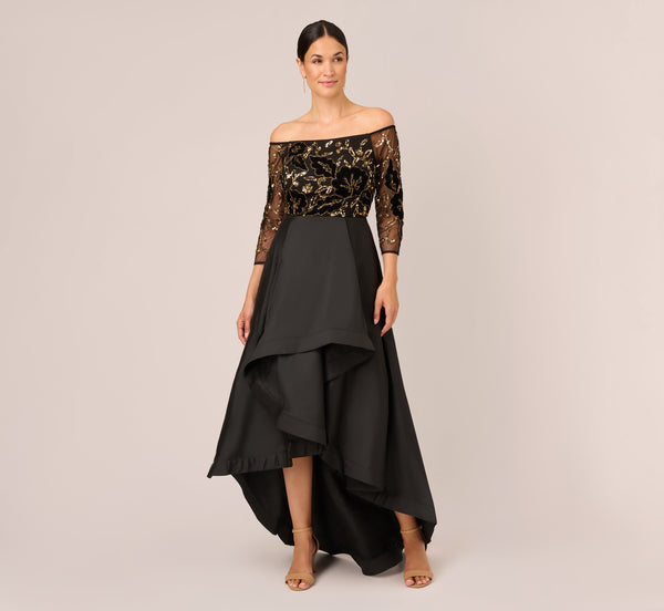 Beaded Taffeta Ball Gown With Three Quarter Sleeves In Black Gold