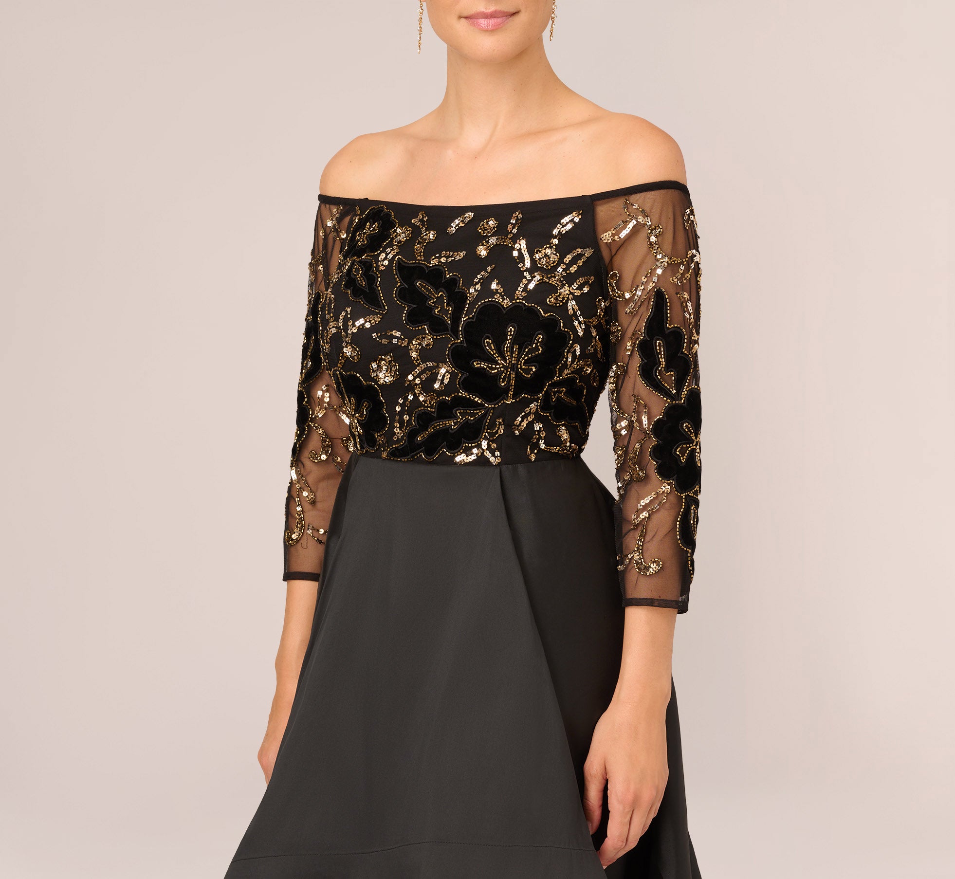 Beaded Taffeta Ball Gown With Three-Quarter Sleeves In Black Gold
