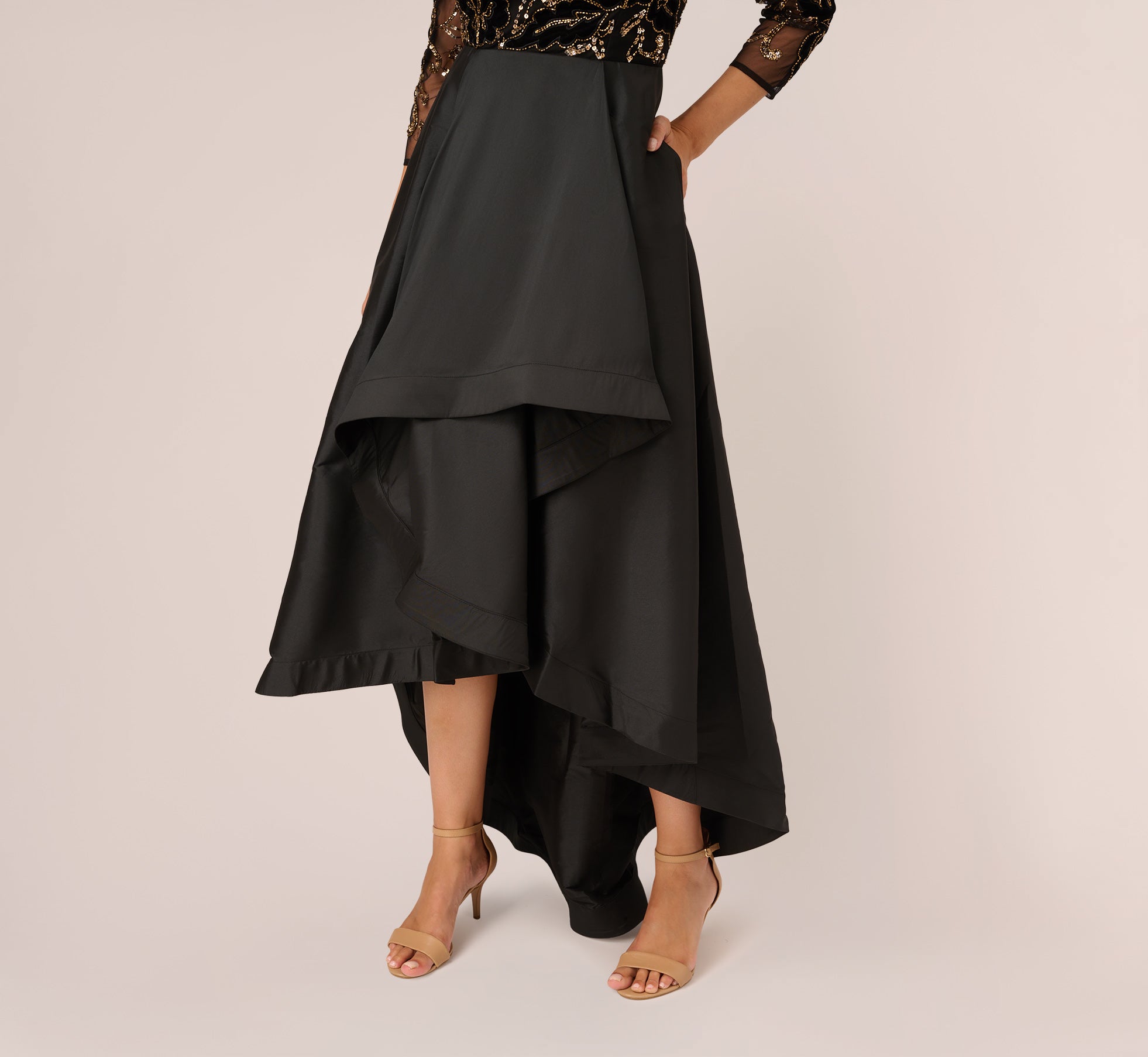 Beaded Taffeta Ball Gown With Three-Quarter Sleeves In Black Gold