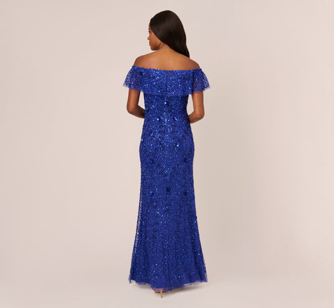 Beaded Off The Shoulder Mermaid Gown With Flutter Neck In Ultra Blue