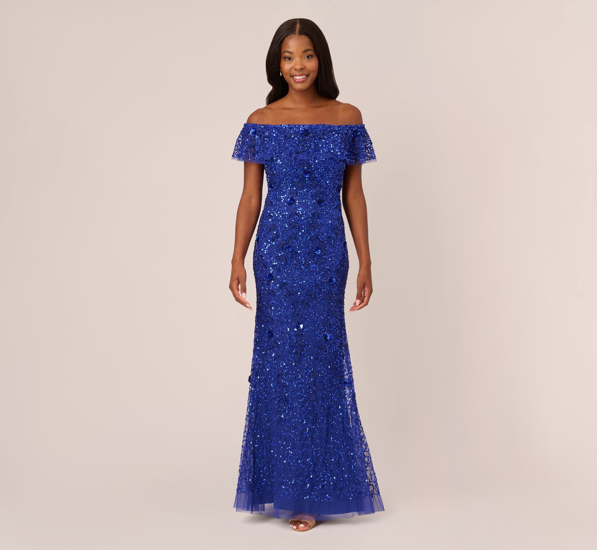 Beaded Off The Shoulder Mermaid Gown With Flutter Neck In Ultra