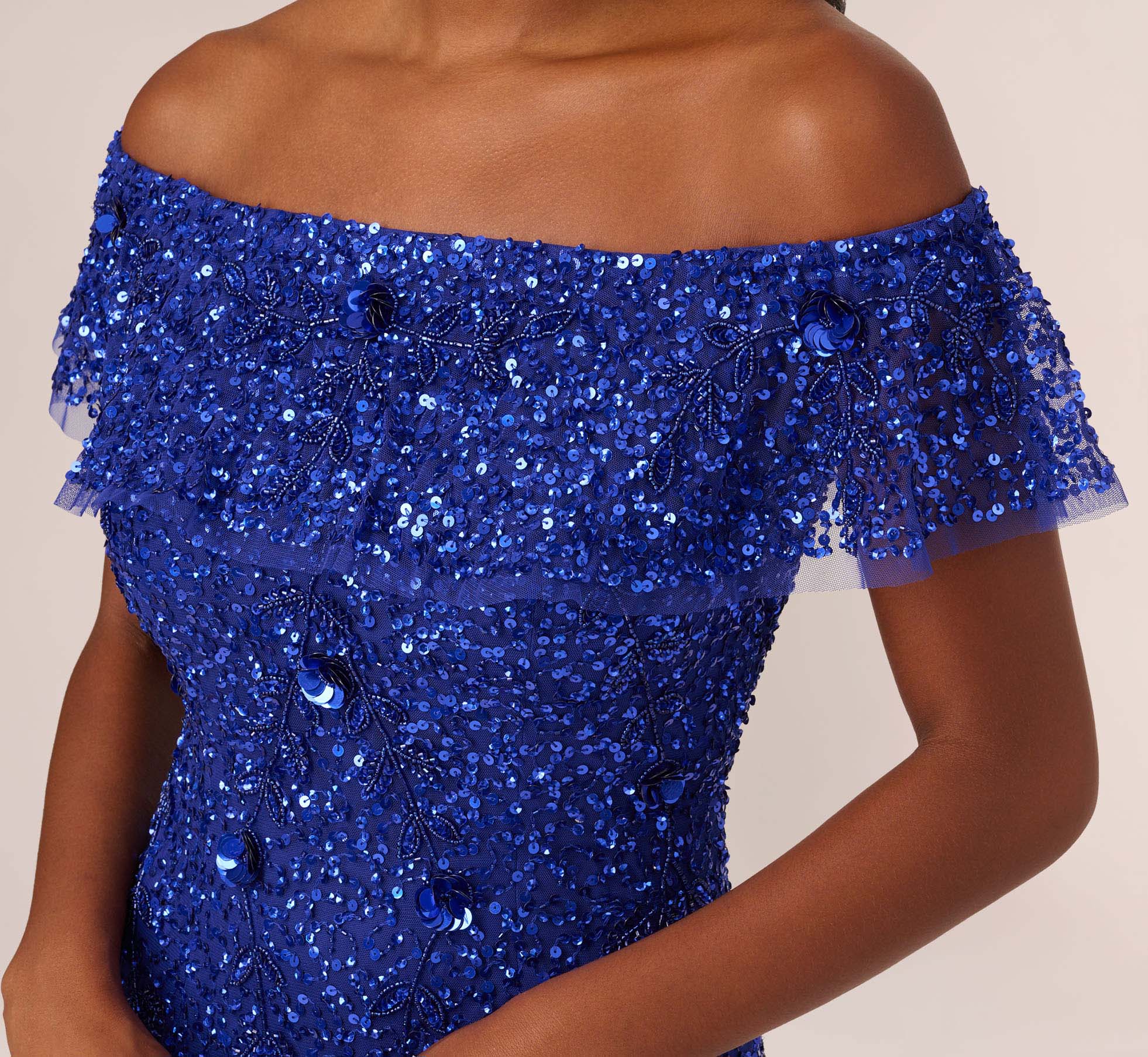 Beaded Off The Shoulder Mermaid Gown With Flutter Neck In Ultra