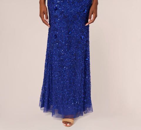 Beaded Off The Shoulder Mermaid Gown With Flutter Neck In Ultra Blue