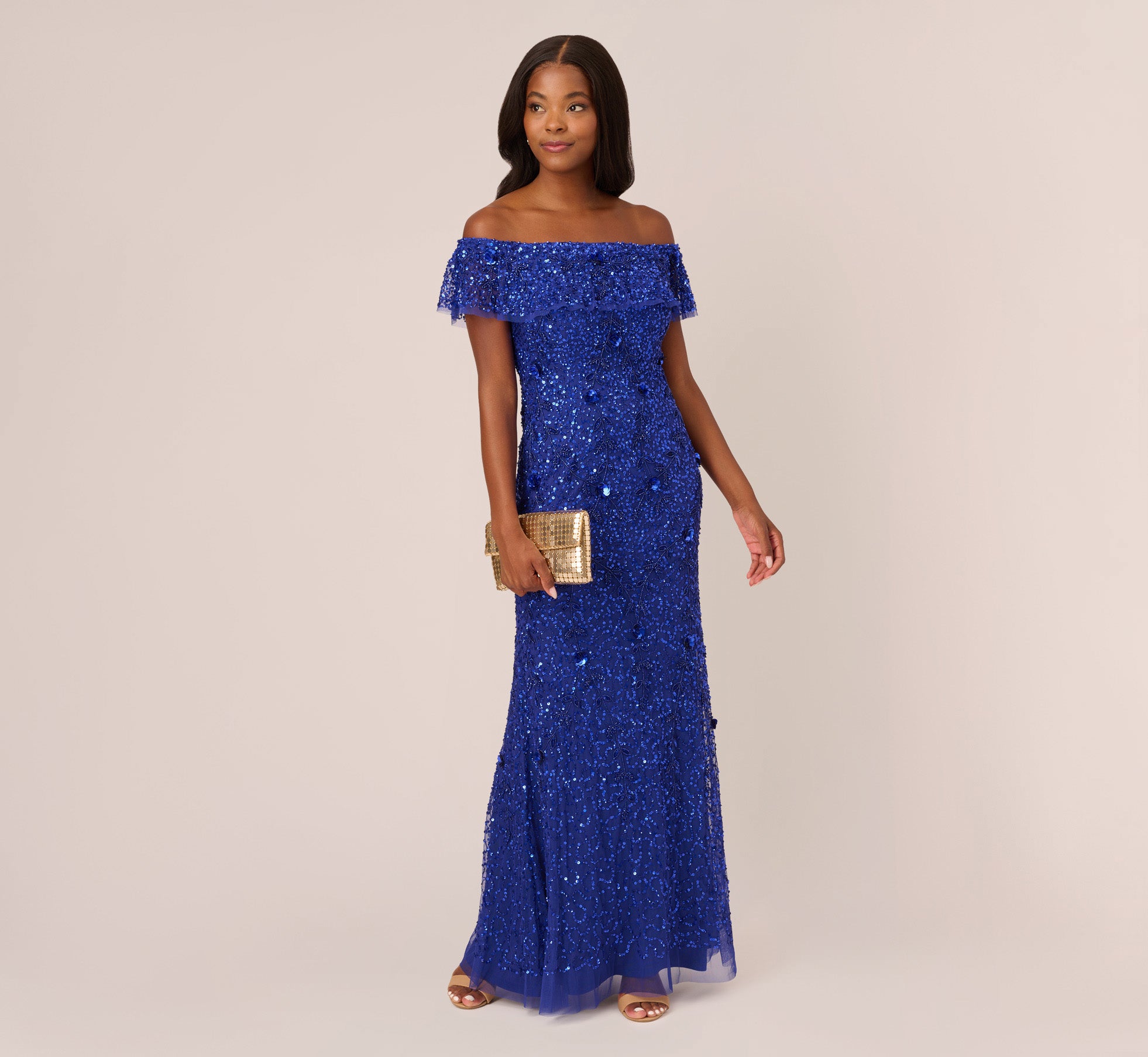 Adrianna papell off the best sale shoulder sequin beaded gown