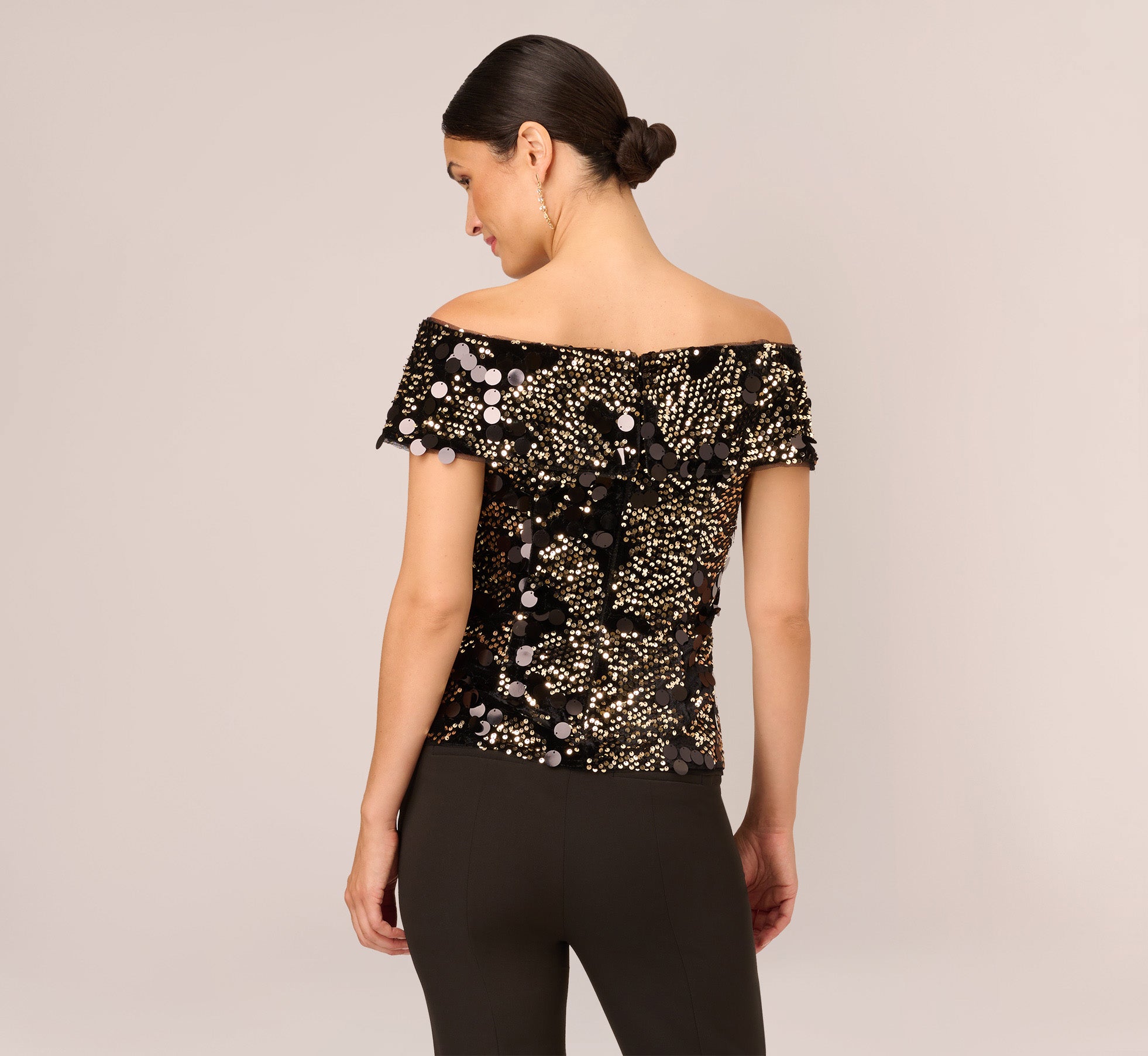 Sequin And Velvet Off The Shoulder Top In Black Gold Adrianna Papell