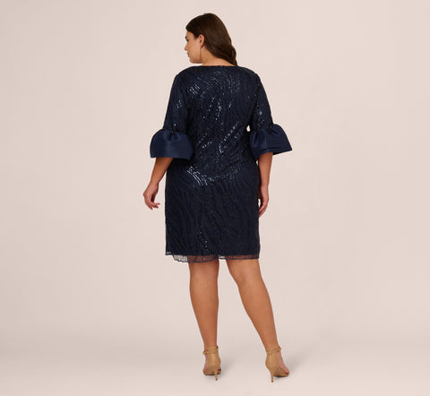 Plus Size Sequin Embroidered Dress With Taffeta Bell Sleeves In Midnight