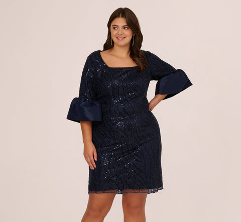 Plus Size Sequin Embroidered Dress With Taffeta Bell Sleeves In Midnight