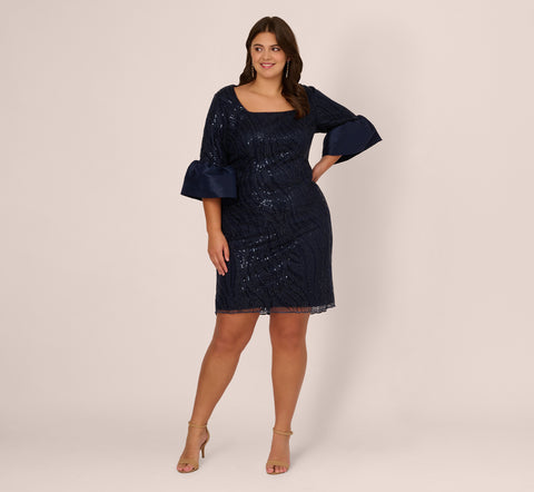 Plus Size Sequin Embroidered Dress With Taffeta Bell Sleeves In Midnight