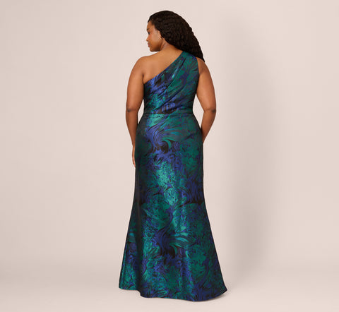 Plus Size One Shoulder Jacquard Mermaid Gown With Drape Detail In Cobalt Teal