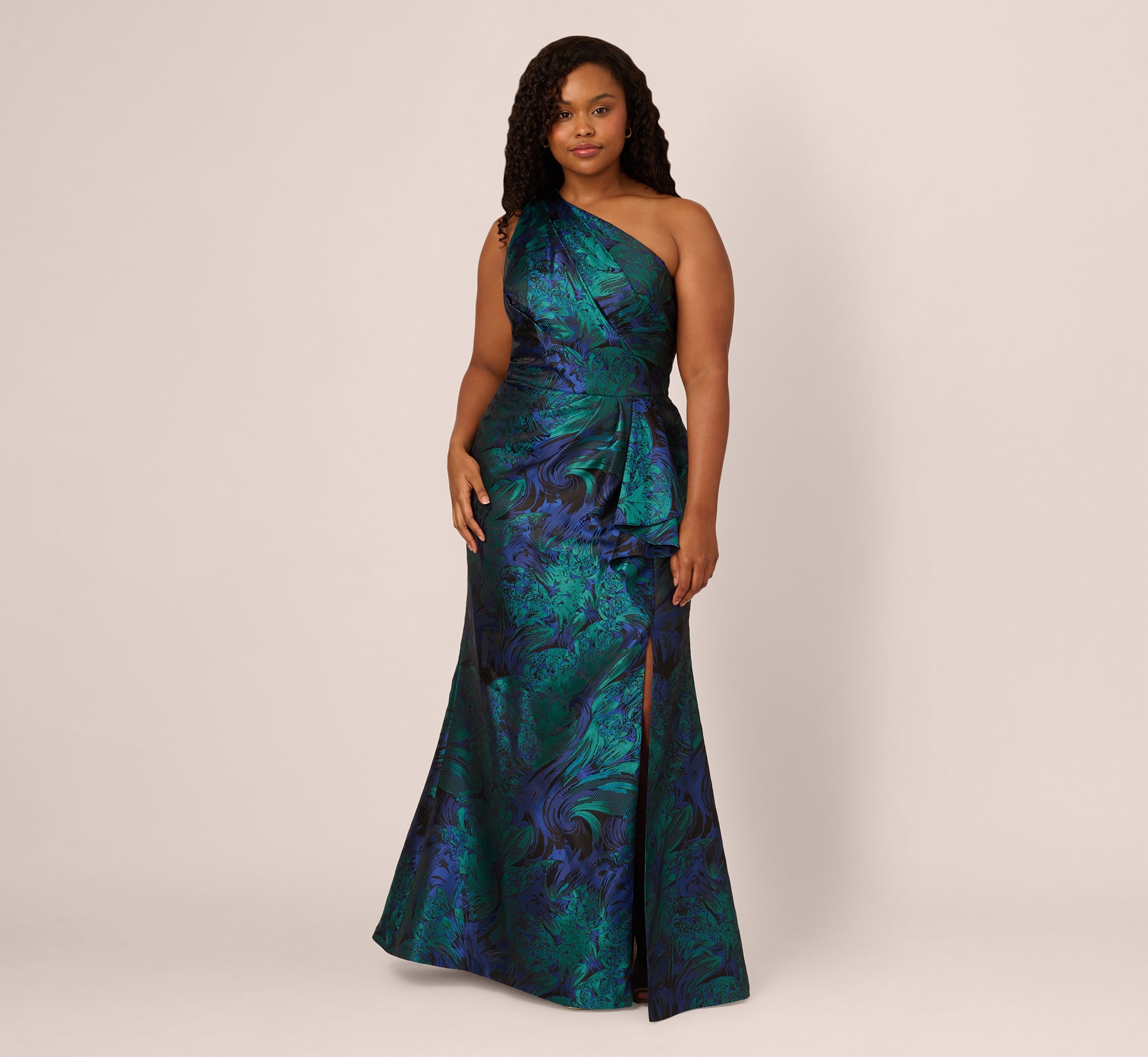 Plus Size One Shoulder Jacquard Mermaid Gown With Drape Detail In Cobalt Teal 1