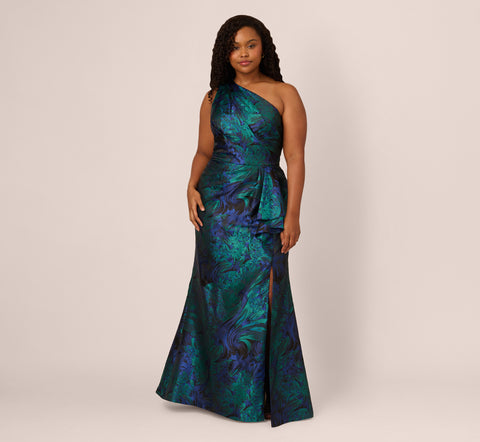 Plus Size One Shoulder Jacquard Mermaid Gown With Drape Detail In Cobalt Teal